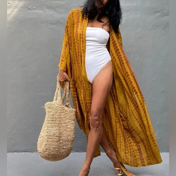 - New MUSTARD & CRAN Boho Tie Dye Kimono Maxi Beach open front long COVERUP *NEW